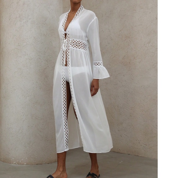 Boho Whie Semi Sheer Front tie Flared Sleeve Kimono Duster Cover up - Picture 6 of 6